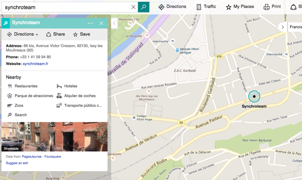 Bing places finds Synchroteam Paris